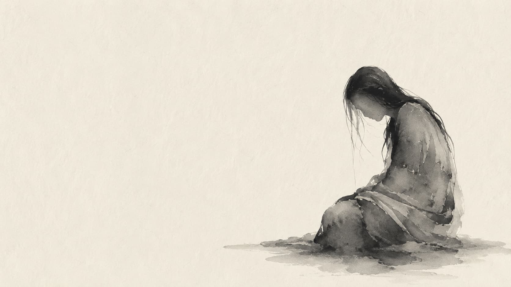 An ink-wash figure sitting alone, head bowed, dissolving into the paper.